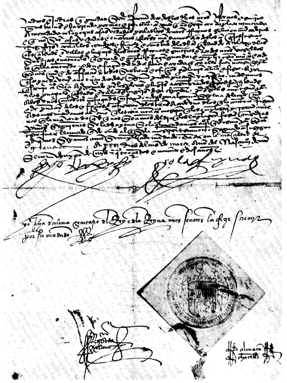 Reproduction of a historical manuscript document covered in dense writing, with calligraphic signatures at the bottom and a large lozenge-shaped seal.