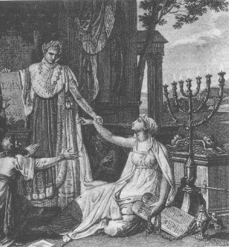 Gravure historique illustrant Napoléon en tenue impériale tendant la main à une figure féminine agenouillée symbolisant la religion juive, avec une grande menorah à l'arrière-plan.