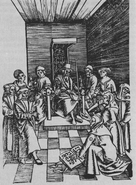 Gravure illustrant une scène de tribunal où un homme juif, agenouillé, prête serment en posant la main sur un ouvrage ouvert devant un juge.