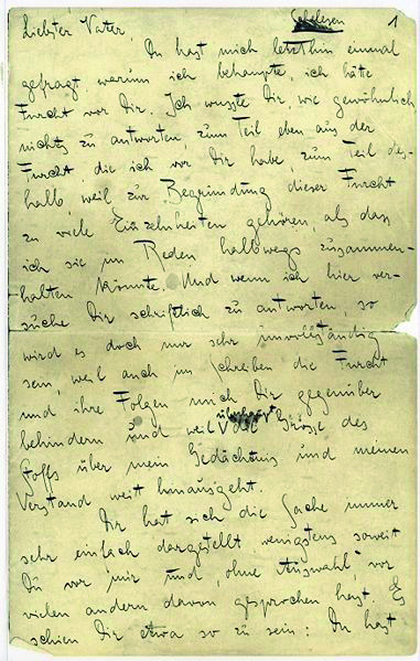 Fac-similé du manuscrit de la première page de la Lettre au père de Franz Kafka, écrite à la main en allemand.