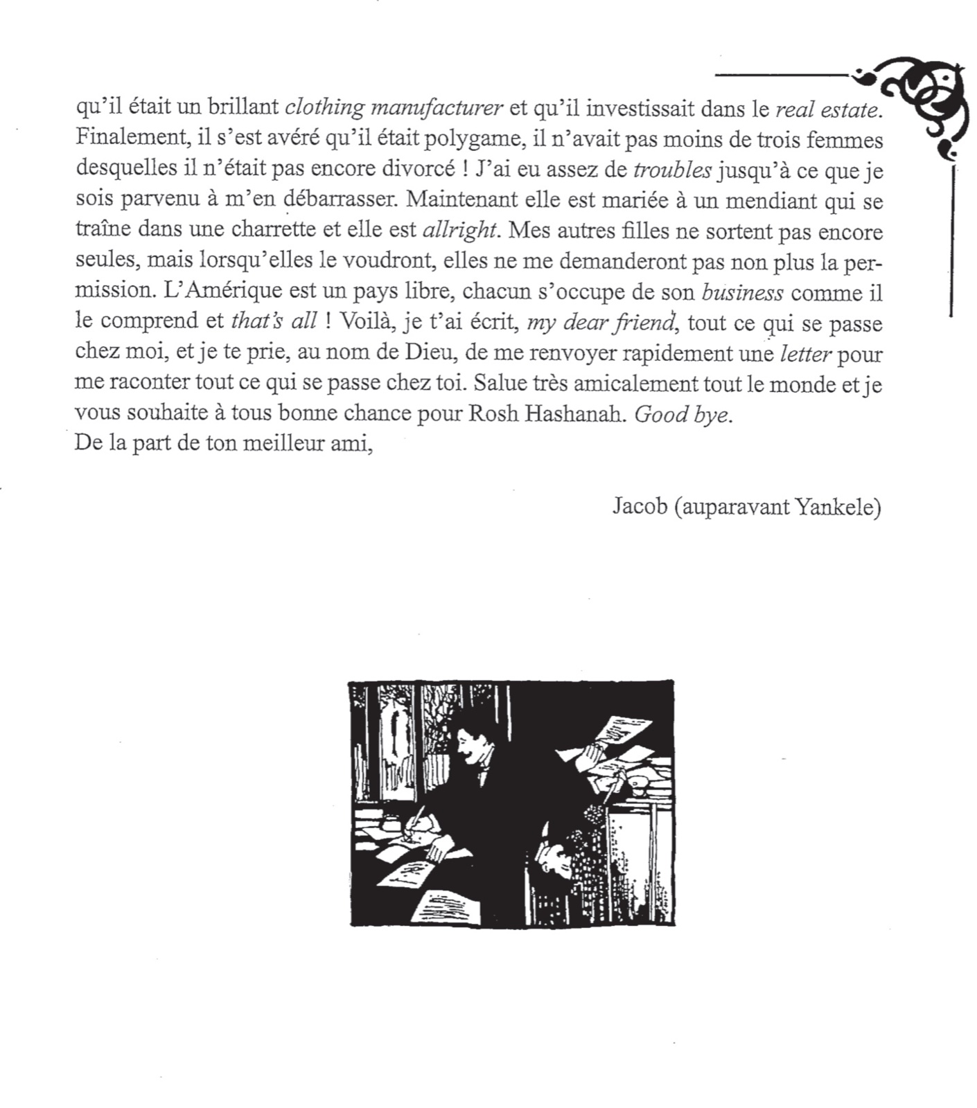 Gravure en noir et blanc : un homme assis à un bureau encombré, plume à la main, des lettres dispersées autour de lui.