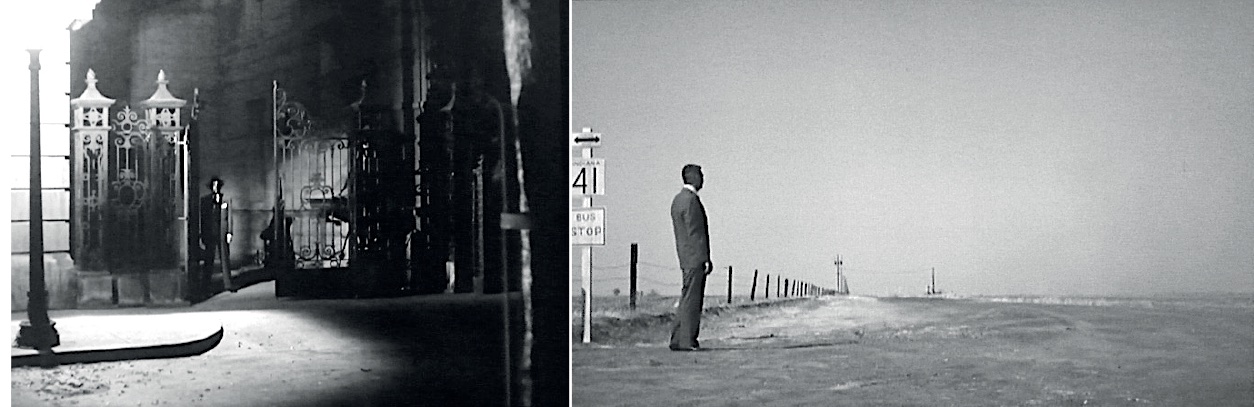 Black-and-white diptych of film stills: on the left, Robert Walker in *Strangers on a Train*; on the right, Cary Grant in a dark suit in *North by Northwest*.