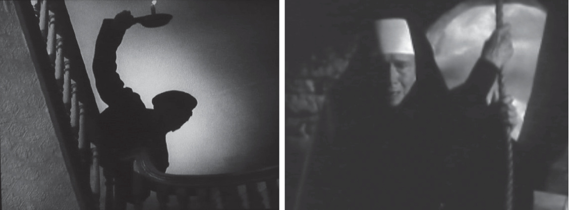 Black-and-white diptych of film stills: on the left, the backlit silhouette of Leon M. Lion in *Number Seventeen*; on the right, the nun appearing at the top of the bell tower in *Vertigo*.